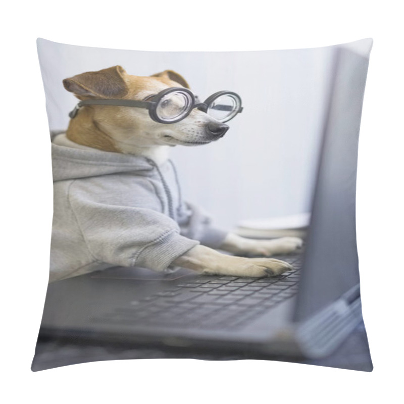 Personality  Smart Dog Using Computer. Funny Pet In Gray Jumper And Nerd Glasses Typing On Laptop Keyboard. Freelancer Lifestyle Working From Home. Quarantine Social Distancing. Vertical Photo. Working Hard Pillow Covers