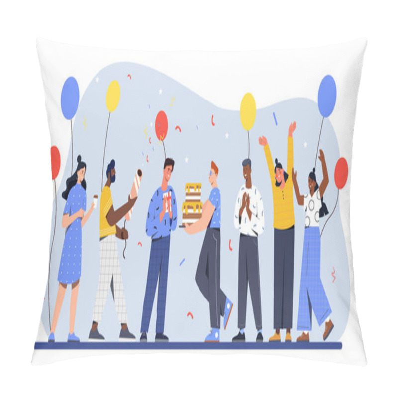 Personality  People At Birthday Party Concept. Men And Women With Balloons And Cake. Holiday And Festival. Design Element For Greeting And Invitation Postcard. Cartoon Flat Vector Illustration Pillow Covers