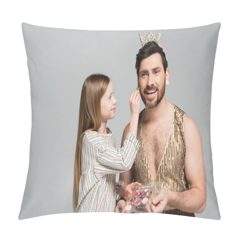 Personality  Happy Kid Applying Decorative Cosmetics On Face Of Bearded Father In Crown And Dress Isolated On Grey  Pillow Covers