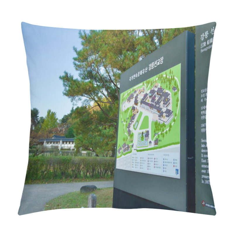 Personality  Gangneung, South Korea - November 3rd, 2024: A Detailed Map Of Seongyojang House Displayed Outdoors, Guiding Visitors Through The Layout Of This Historical Joseon-era Estate Amid Lush Green Surroundings. Pillow Covers