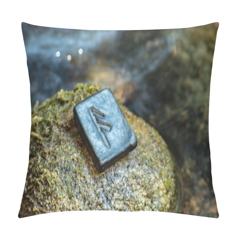 Personality  Norse Rune Ansuz On The Stone And The Evening River Background. The Voice Of God. Freedom. Verbal And Sound Signs. Rune Ansuz Is Associated With The Supreme Scandinavian God Odin. Pillow Covers