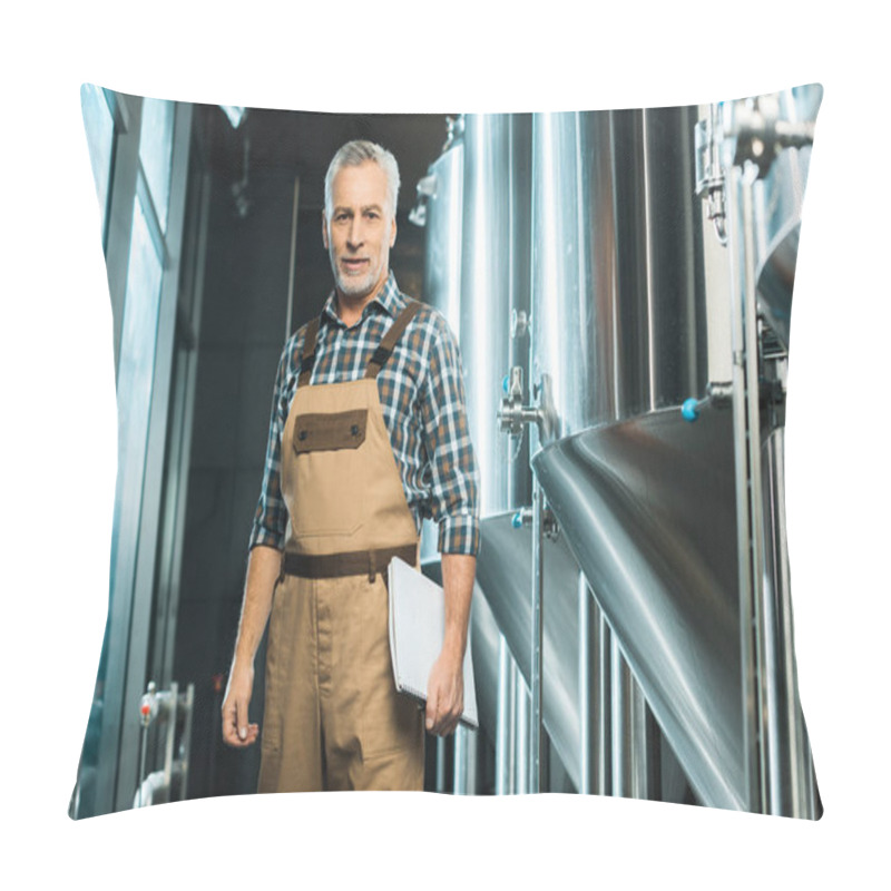 Personality  Professional Senior Brewer In Working Overalls Holding Notepad And Posing In Brewery Pillow Covers