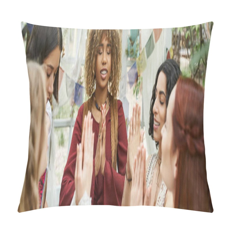 Personality  Smiling Young African American Woman Meditating Near Multiethnic Friends In Retreat Center Pillow Covers