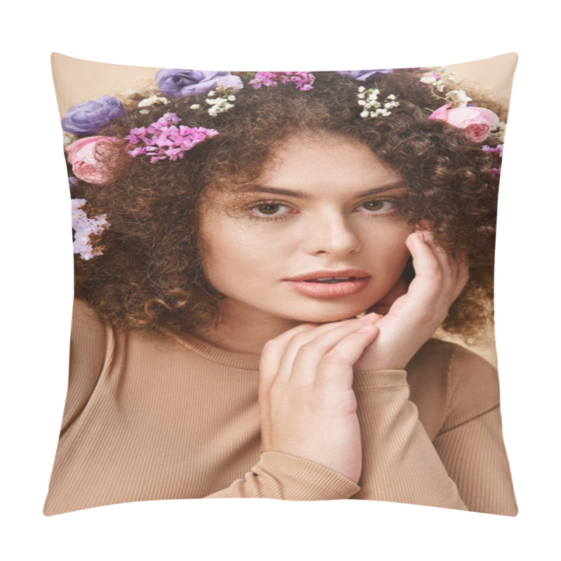 Personality  Portrait Of Charming Woman With Flowers In Wavy Hair Looking At Camera On Beige, Natural Beauty Pillow Covers