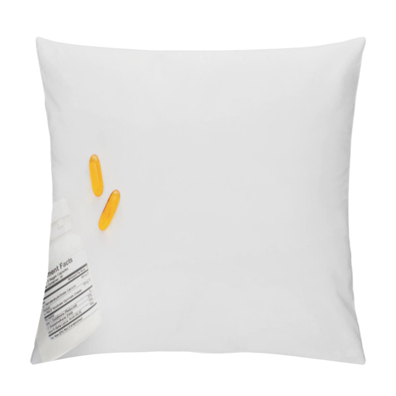 Personality  Top View Of Container And Fish Oil Capsules On White Background Pillow Covers