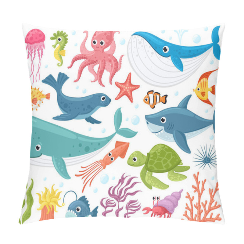 Personality  Cartoon Sea Animals. Cute Ocean Fish, Octopus, Shark And Turtle, Jellyfish, Crab And Seal. Underwater Wildlife Creatures Vector Illustration Set Pillow Covers