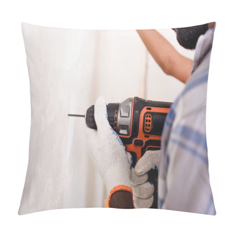 Personality  Cropped Image Of Man In Protective Gloves Working With Power Drill  Pillow Covers