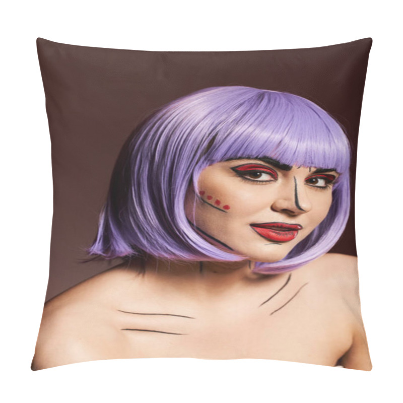 Personality  A Stylish Woman Sporting A Purple Wig And Bold Pop Art Makeup Inspired By Comics, Set Against A Sleek Background. Pillow Covers