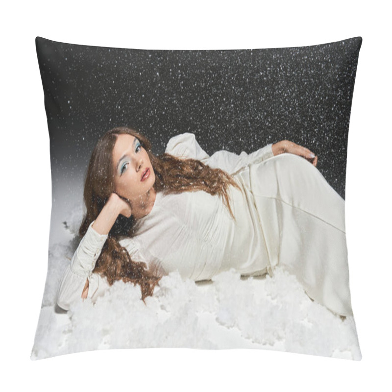 Personality  A Young Woman Lies Gracefully In Snow Like Fluff, Exuding Elegance In A Tranquil Winter Ambiance. Pillow Covers