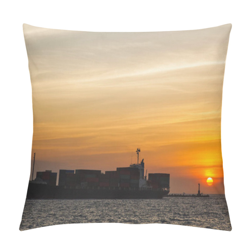 Personality  Sunset Into The Sea With The Container Ship Silhouette Pillow Covers