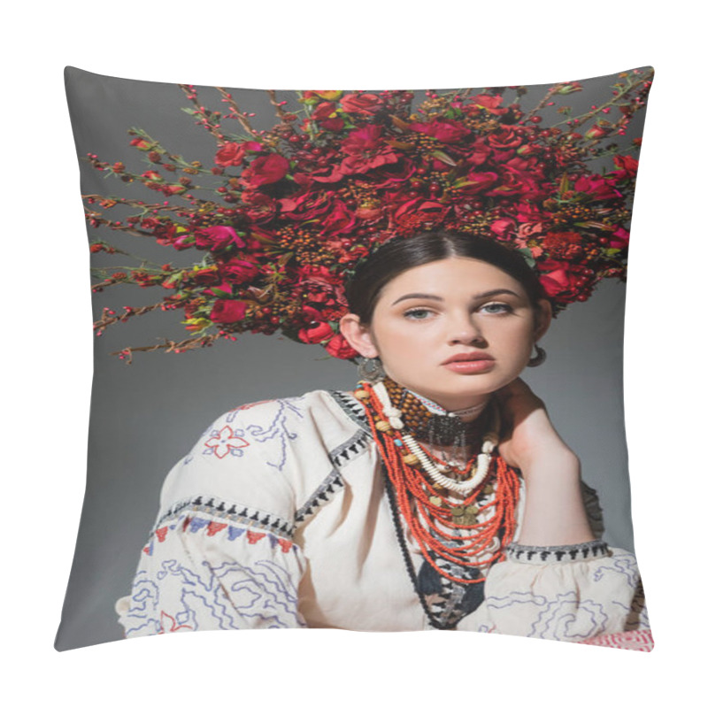 Personality  Portrait Of Pretty Ukrainian Woman In Traditional Clothing And Floral Red Wreath With Berries Isolated On Grey Pillow Covers