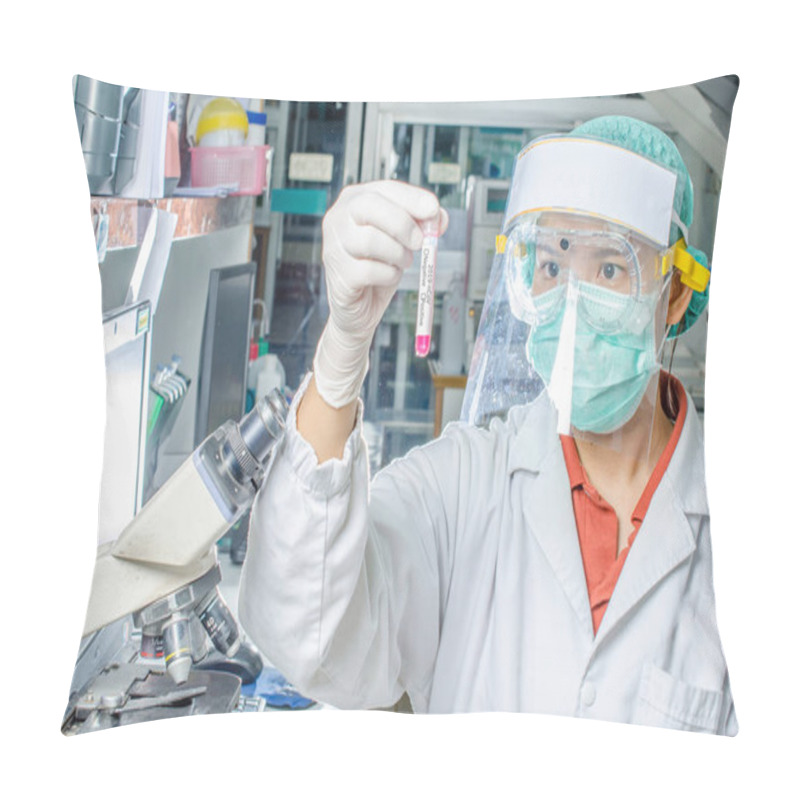 Personality  Coronavirus Covid 19 Epidemic Disease With Doctor Or Lab Technician Scientist Holding Blood Sample Tube In Laboratory In Hospital Thailand Pillow Covers