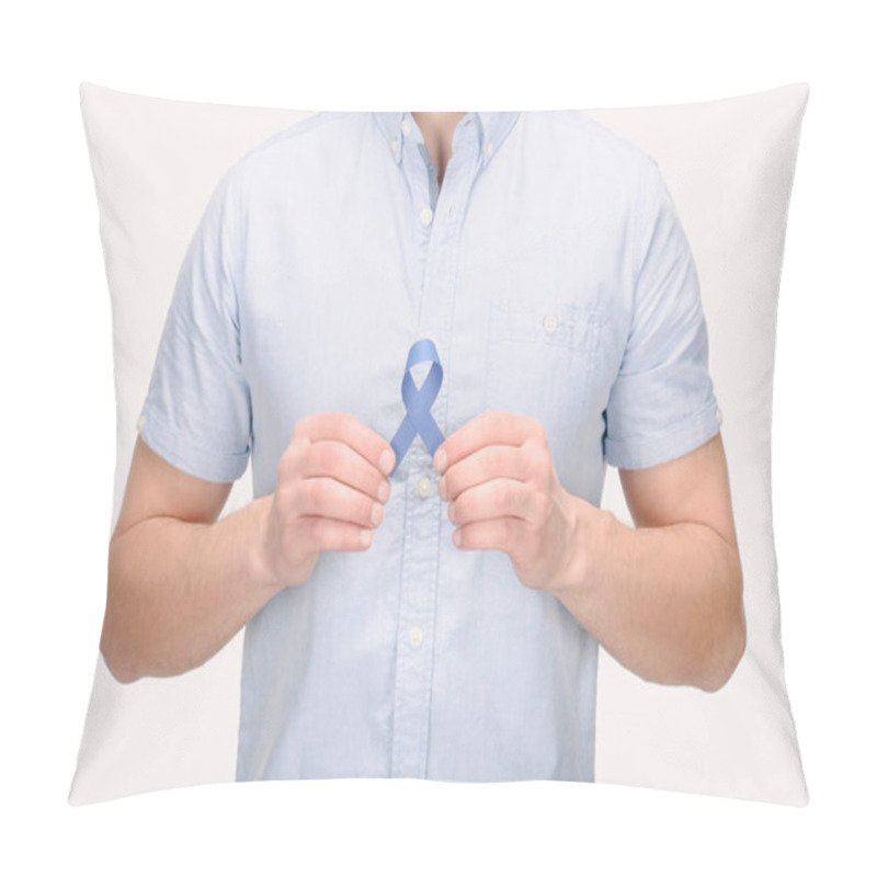 Personality  Partial View Of Man With Blue Awareness Ribbon Isolated On White, Colon Cancer Concept Pillow Covers