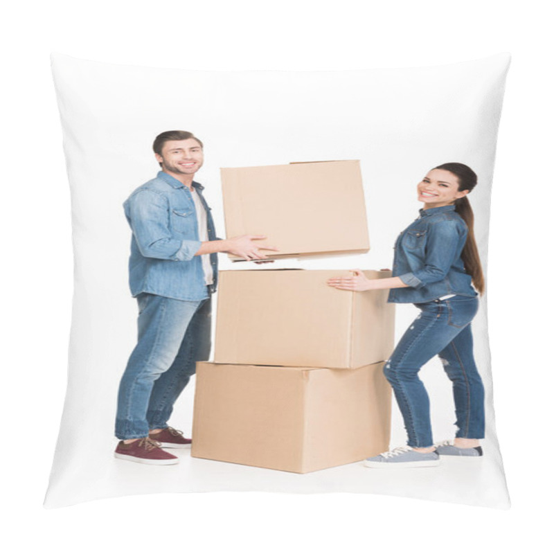 Personality  Happy Young Couple Moving With Cardboard Boxes, Isolated On White Pillow Covers