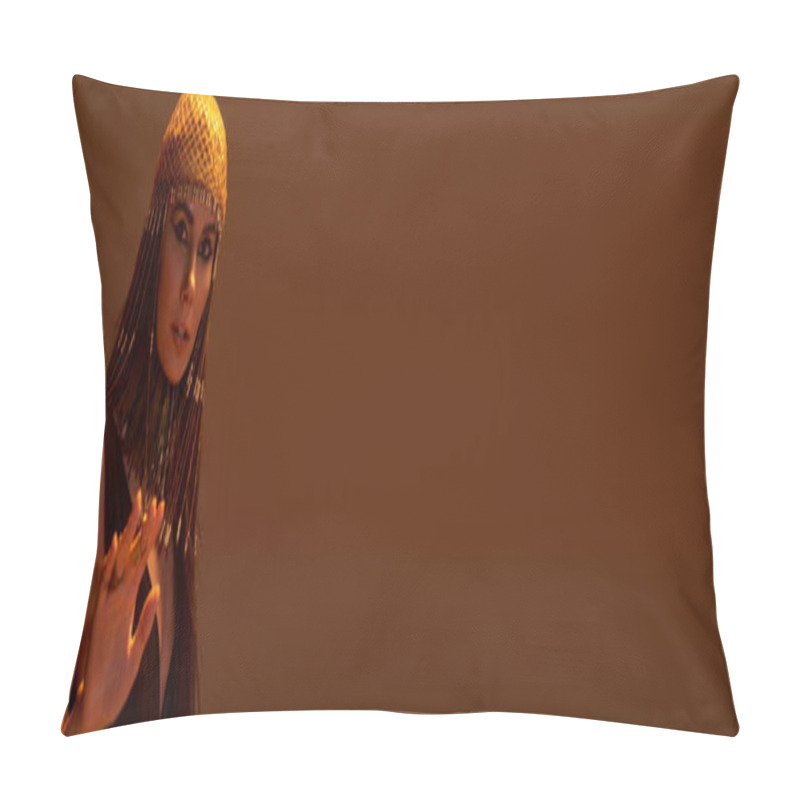 Personality  Stylish Woman In Egyptian Costume And Headdress Posing On Brown Background, Banner Pillow Covers