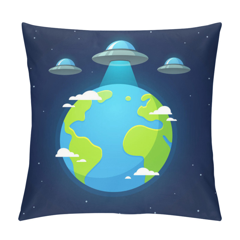 Personality  Alien Invasion, Flying Saucer Ufos Above Earth In Outer Space. Cartoon Vector Illustration. Pillow Covers