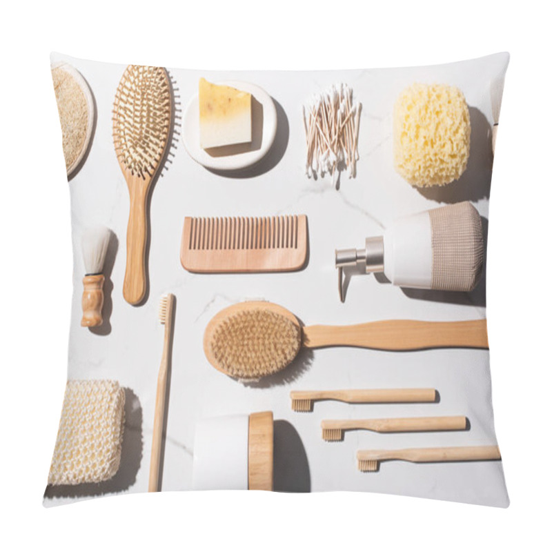 Personality  Top View Of Comb, Ear Sticks, Sponges, Hair Brushes, Liquid Soap Dispenser, Shaving Brushes, Toothbrushes On White Background, Zero Waste Concept Pillow Covers