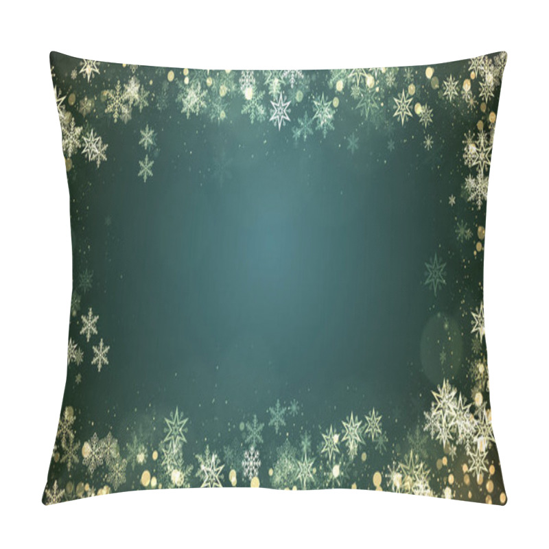 Personality  Christmas Snowflakes Frame With Lights And Particles On Green Background. Winter, Christmas, New Years, Holidays Frame Concept. Pillow Covers