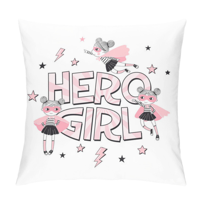 Personality  Hero Girl Typhographic Print With Little Cartoon Supergirl Characters. Pillow Covers