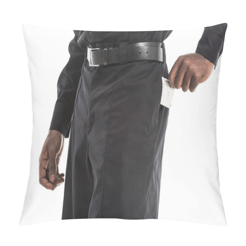 Personality  Cropped Shot Of African American Policeman Taking Condom From Back Pocket Of Pants, Aids Awareness Concept Pillow Covers