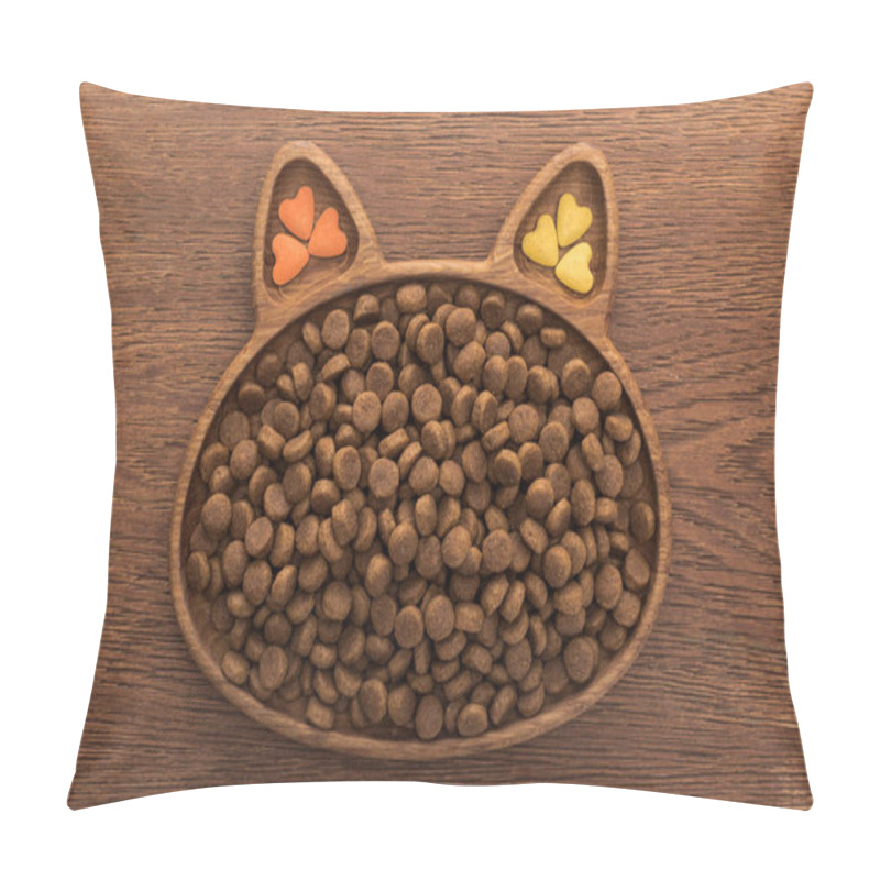 Personality  Top View Of Feline Dry Pet Food And Vitamins In Cat Shape Plate On Wooden Table Pillow Covers