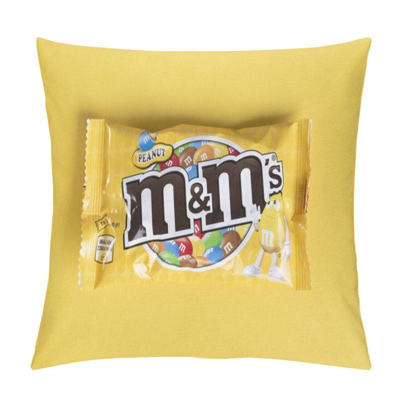 Personality  Ukraine, Kiev March 29, 2018.  Closeup Of  M&M's Milk Chocolate Candies Made By Mars Inc. On Yellow Background  Pillow Covers