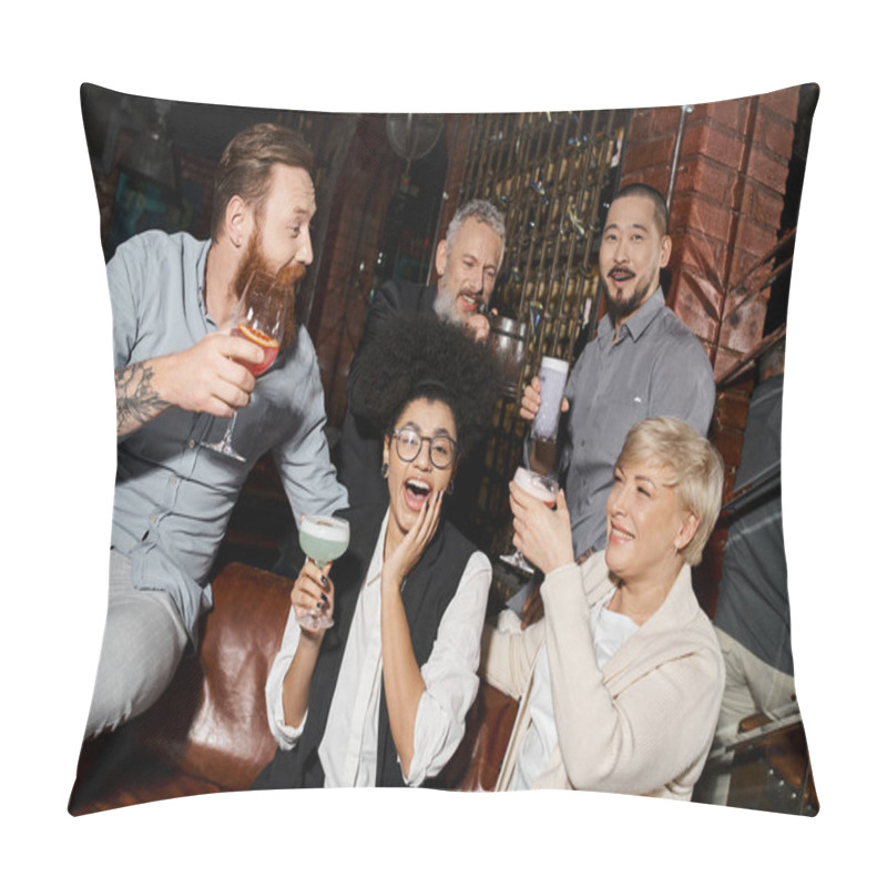 Personality  Excited African Woman Laughing Near Multicultural Work Friends Relaxing With Cocktails In Bar Pillow Covers