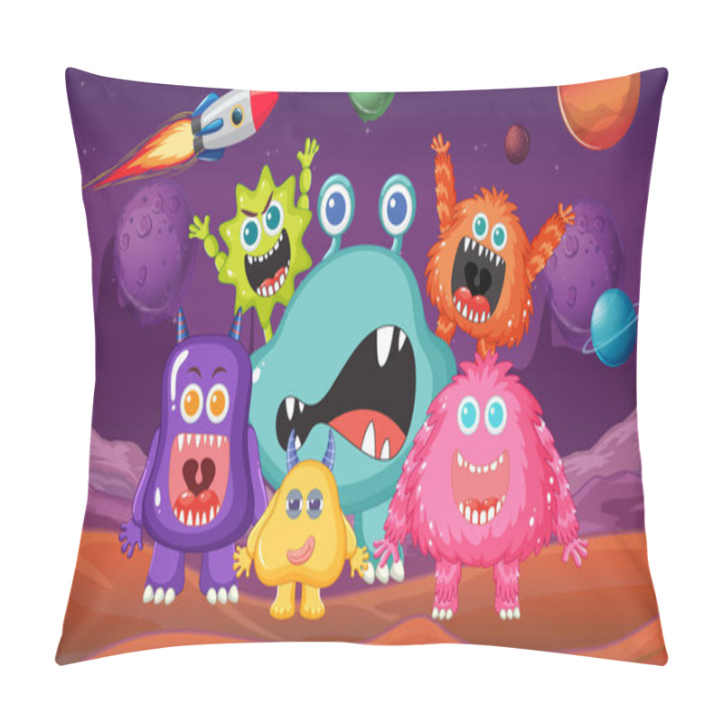 Personality  A Group Of Adorable Alien Monster Characters Having Fun In Outer Space Pillow Covers