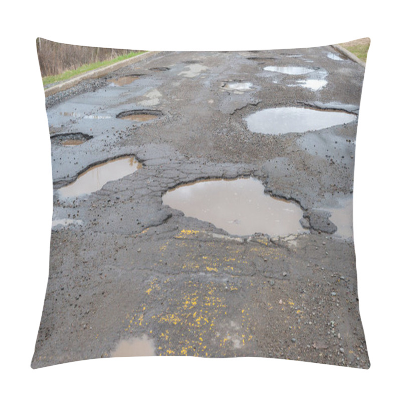 Personality  A Paved Road Filled With Many Large Potholes, The Potholes Are Filled With Water. Pillow Covers