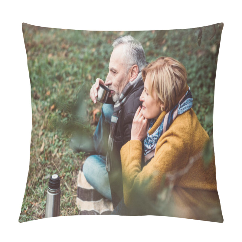 Personality  Mature Couple Drinking Tea In Park Pillow Covers