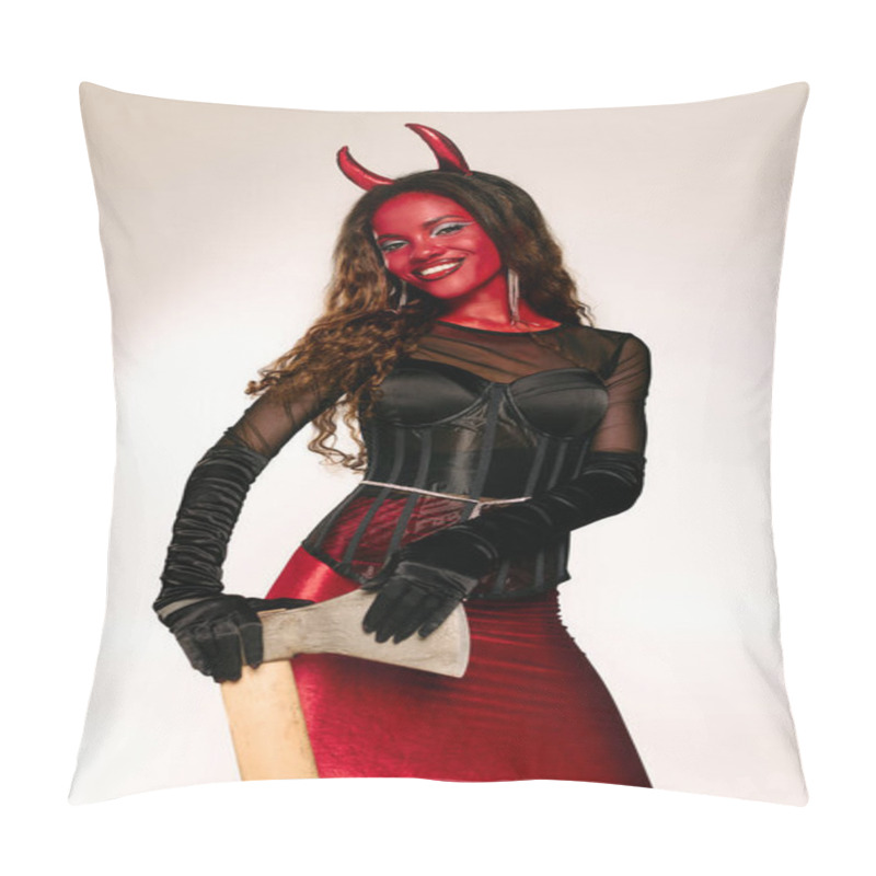 Personality  A Stunning Woman In A Devil Costume Exudes Confidence At The Halloween Celebration. Pillow Covers