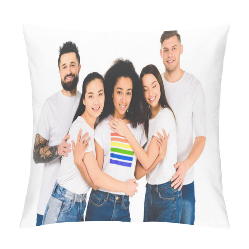 Personality  Multiethnic Group Of Young People Smiling And Hugging With African American Woman With Lgbt Sign On T-shirt Isolated On White Pillow Covers