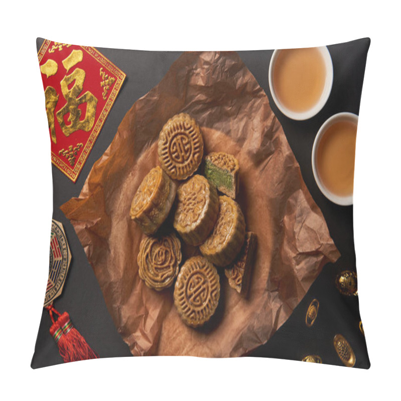 Personality  Top View Of Traditional Mooncakes With Chinese Talismans And Tea Isolated On Black Pillow Covers