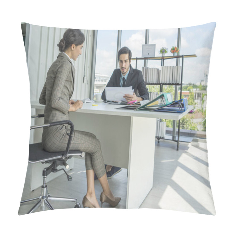 Personality  Woman And Man Colleagues Working Together In Co Working Area Pillow Covers