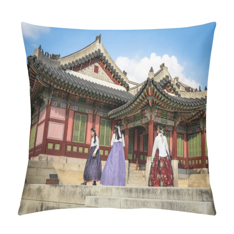 Personality  Women Wearing Traditional Hanbok Costume At Deoksugung Palace, Traditional Palace Architecture In Seoul, South Korea Pillow Covers