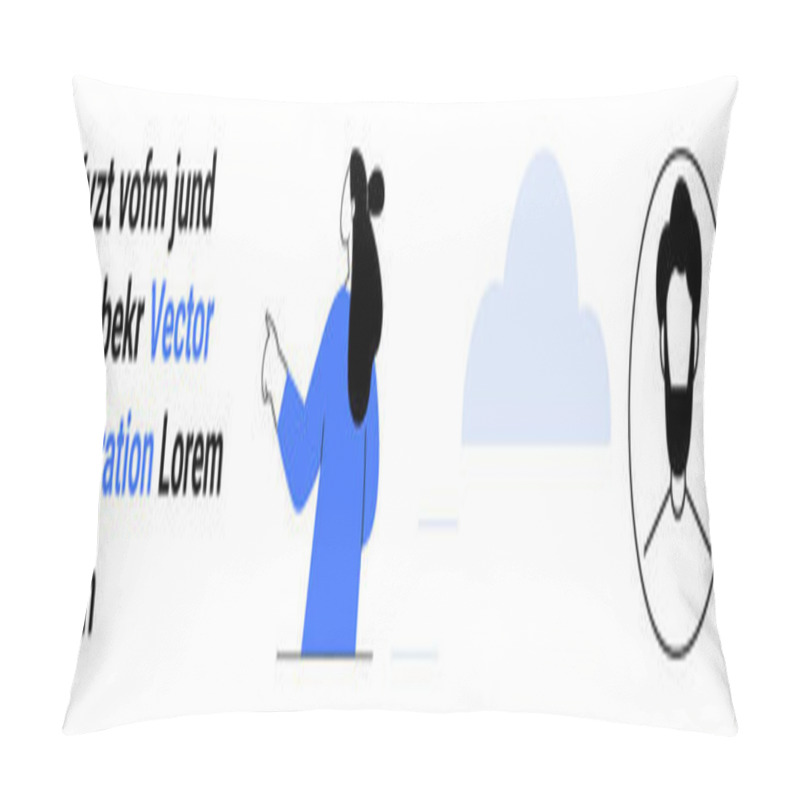 Personality  Woman With Ponytail In Blue Sweater Pointing At Placeholder Text, Adjacent To A Cloud Illustration And Male Avatar In A Circle. Ideal For Website Banners, Presentations, Educational Materials, User Pillow Covers