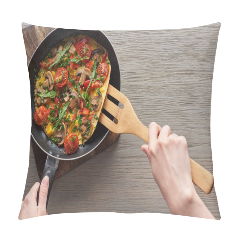 Personality  Top View Of Woman Cooking Omelet With Mushrooms, Tomatoes And Greens On Frying Pan With Wooden Shovel Pillow Covers