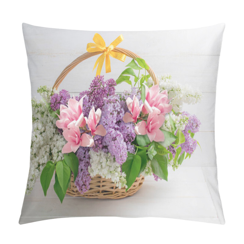 Personality  Lilac Bouquet And Magnolia In Basket On Background Of Shabby Woo Pillow Covers