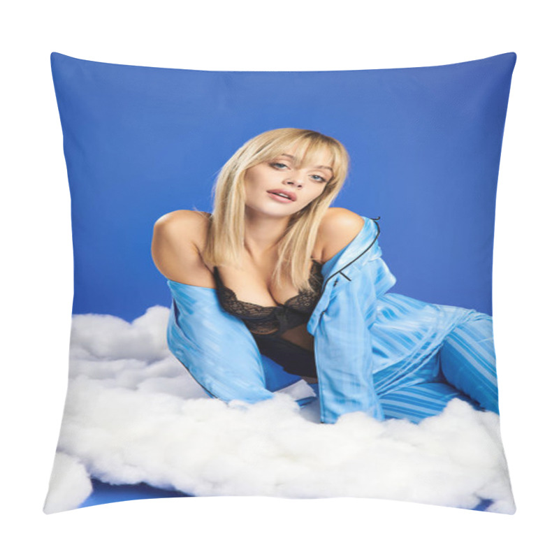 Personality  A Captivating Blonde Woman In Vibrant Attire Sits Gracefully On A Pile Of Clouds In The Sky. Pillow Covers