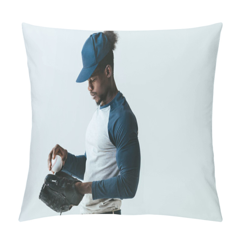 Personality  Handsome African American Sportsman In Baseball Glove Holding Ball Isolated On Grey Pillow Covers