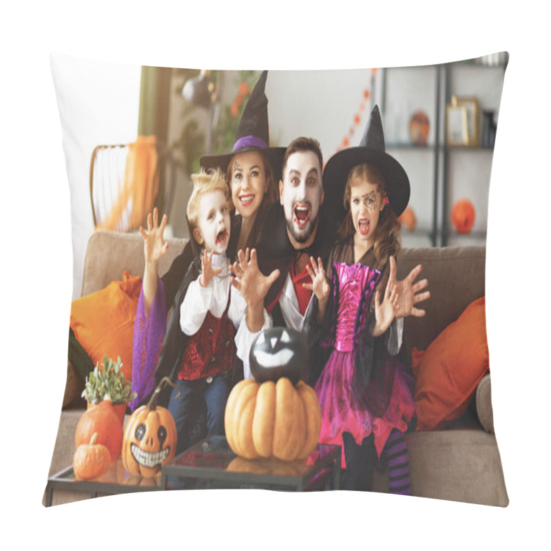 Personality  Happy Family Mother Father And Children In Costumes And Makeup On A Celebration Of Hallowee Pillow Covers