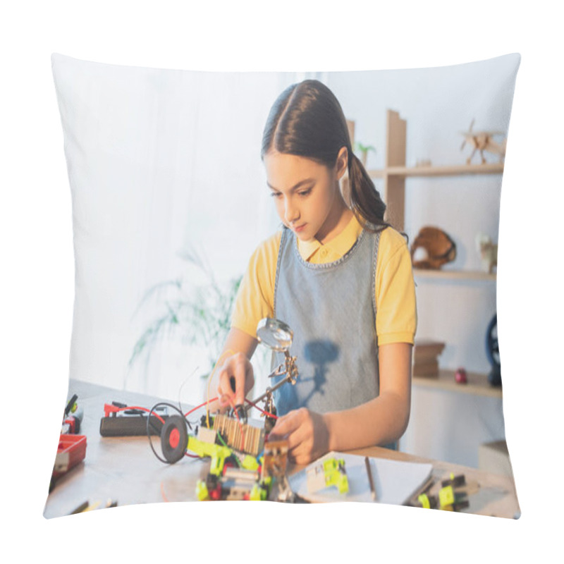 Personality  Preteen Child Modeling Robotic Model Near Notebook On Table Pillow Covers