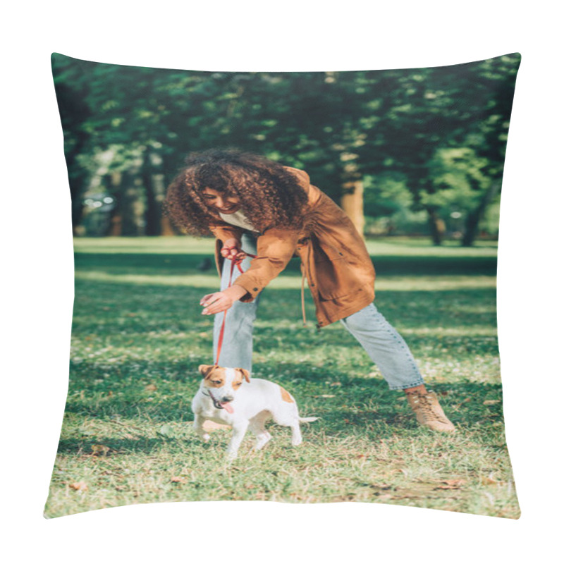 Personality  Selective Focus Of Curly Woman In Raincoat Playing With Jack Russell Terrier In Park  Pillow Covers