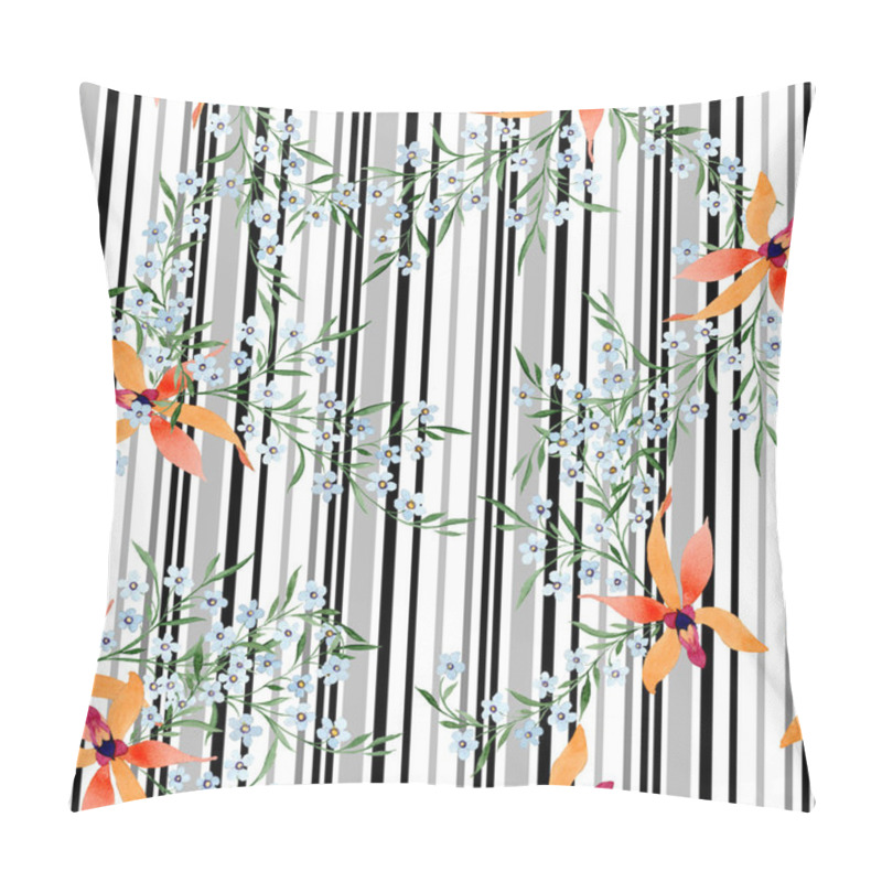 Personality  Blue And Orange Flowers. Watercolour Drawing Of Background With Orchids And Forget Me Nots. Pillow Covers