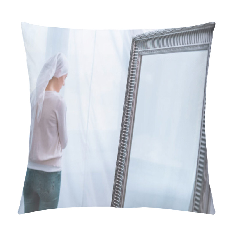 Personality  Back View Of Young Sick Woman In Kerchief Standing Near Mirror, Cancer Concept Pillow Covers