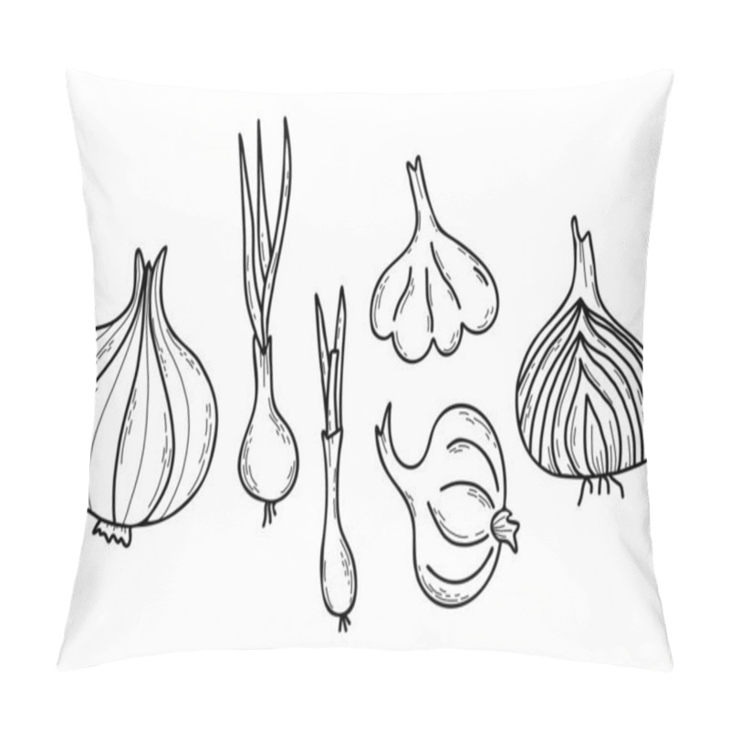 Personality  Collection Of Onion Vegetables. Onion. Beautiful Edible Plant - Bulb With Feathers, Onion Cut In Half And Garlic. Vector Illustration. Hand Drawn Line Doodles, Outline For Design, Decor And Decoration Pillow Covers