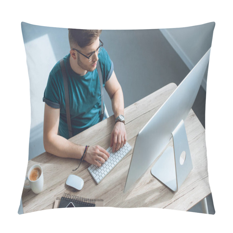 Personality  Overhead View Of Young Man In Eyeglasses Typing On Keyboard And Working With Desktop Computer Pillow Covers