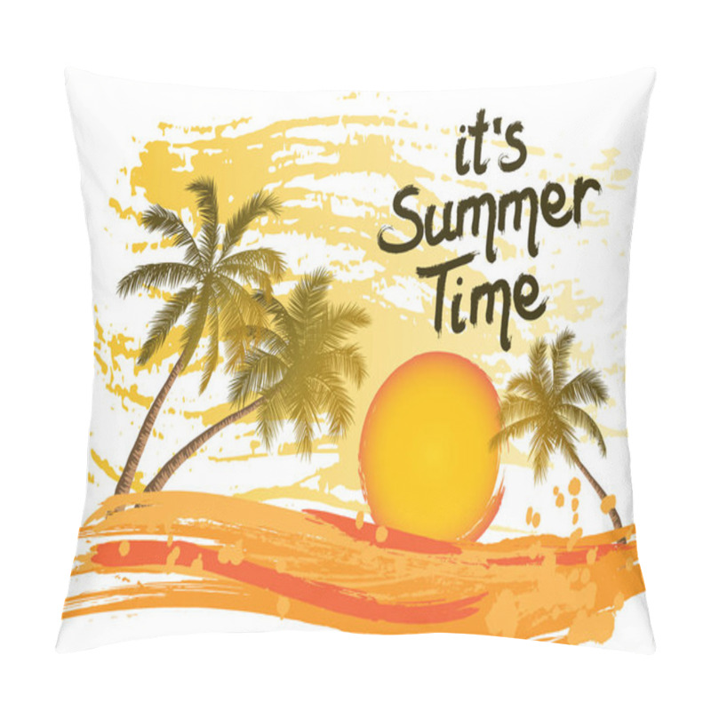 Personality  Card With Realistic Palm Trees Silhouette On Tropical Grunge Sunset Beach Background. Pillow Covers