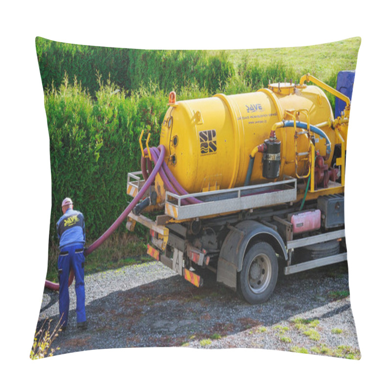 Personality  Skutc, Czech Republic - October 16 2019: Sewer Pumping Machine. Sewage Tank Truck. Pillow Covers