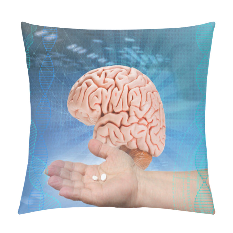 Personality  Doctor's Hand Holds Out Medicines, Human Brain Model, Medical Health Concept, Intellectual Disability, Study Of The Activity Of The Cerebral Cortex, Psyche And Consciousness Pillow Covers